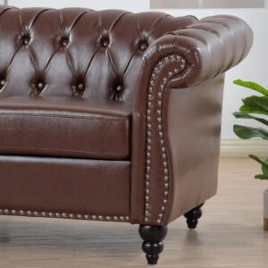 84"Rolled Arm Chesterfield Sofa Couch, Modern 3 Seater Sofa Couch, Luxious Leather Couch with Thicken Seat Cushions and Button Tufted Back, Chesterfield Couch with Nailhead Trim, Dark Brown+PU