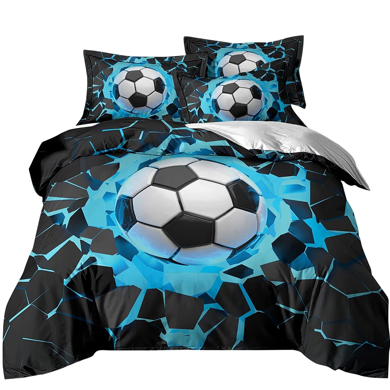 Blue Soccer Duvet Cover Set Queen, 3 Pieces Reversible Sports Soccer Pattern Bedding Set for Soccer Fans Kids Teens Boys, Soft Microfiber Sports Theme Duvet Cover Queen 90"x90"(No Comforter)