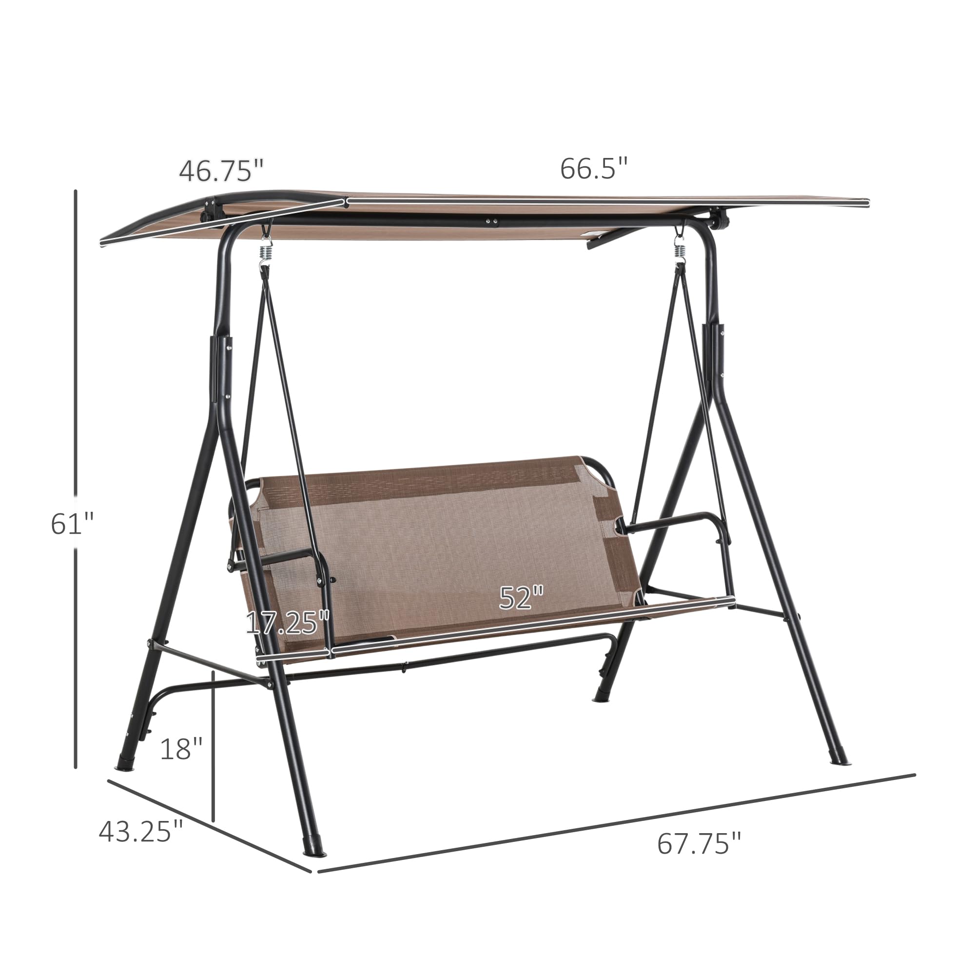 Outsunny Patio Swing Chair with Canopy, Seats 2 Adults Loveseat Bench with Adjustable Tilt Canopy, Armrests, A-Frame Steel, Breathable Mesh for Backyard, Garden, Brown