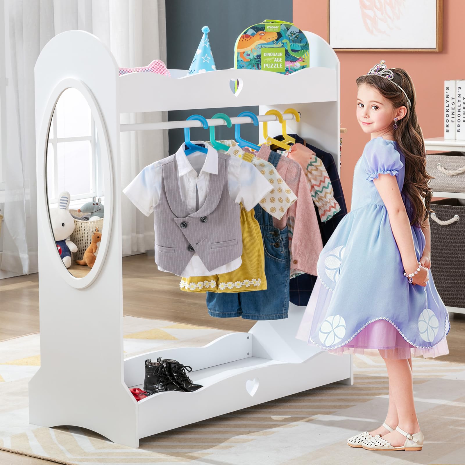 JOYLDIAS Kids Dress Up Storage with Mirror, Kid Armoire W/Side Hook Pockets, Pretend Storage Closet for Kids, Costume Dress-up Wardrobe W/Top Shelf Shoes Storage for Bedroom Girls Room, White