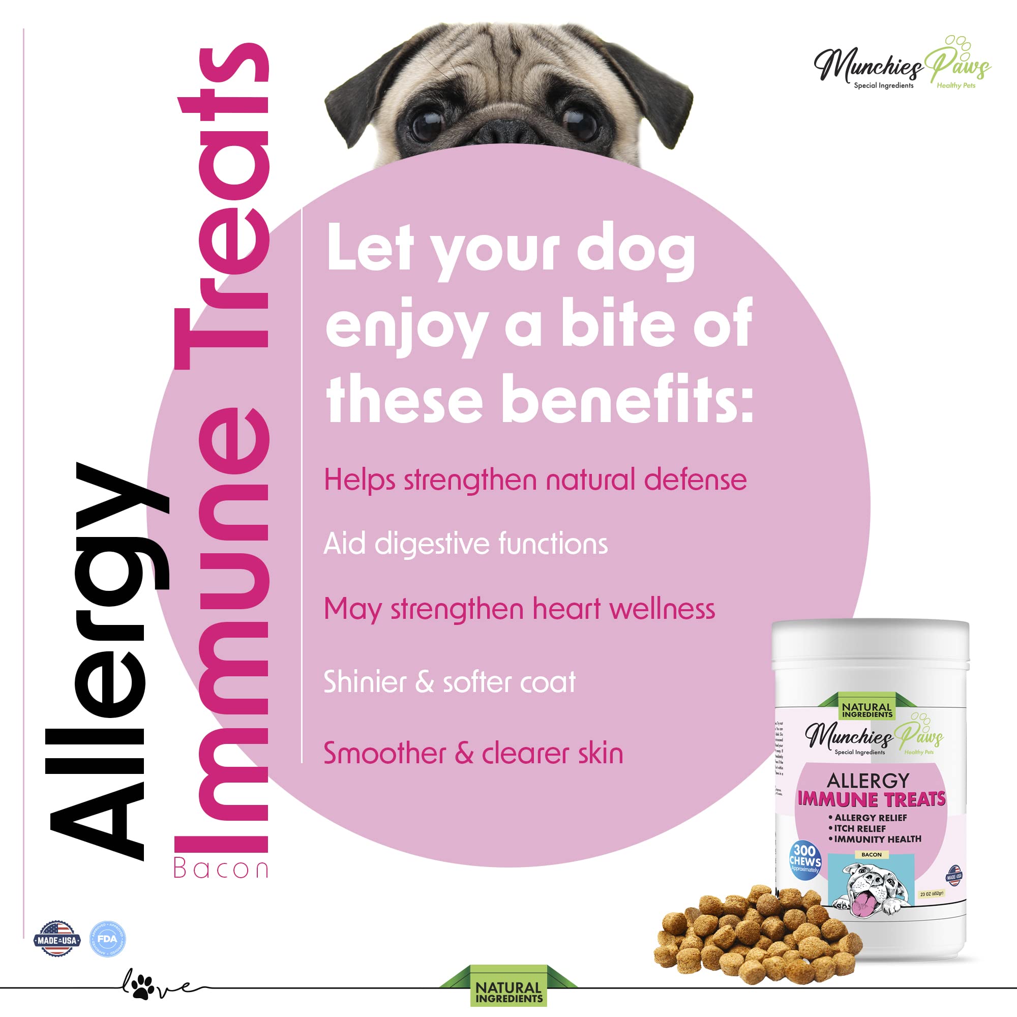 Munchies Paws Dog Treats Omega 3 Made in USA Immune Supplement 300 Count (Bacon)