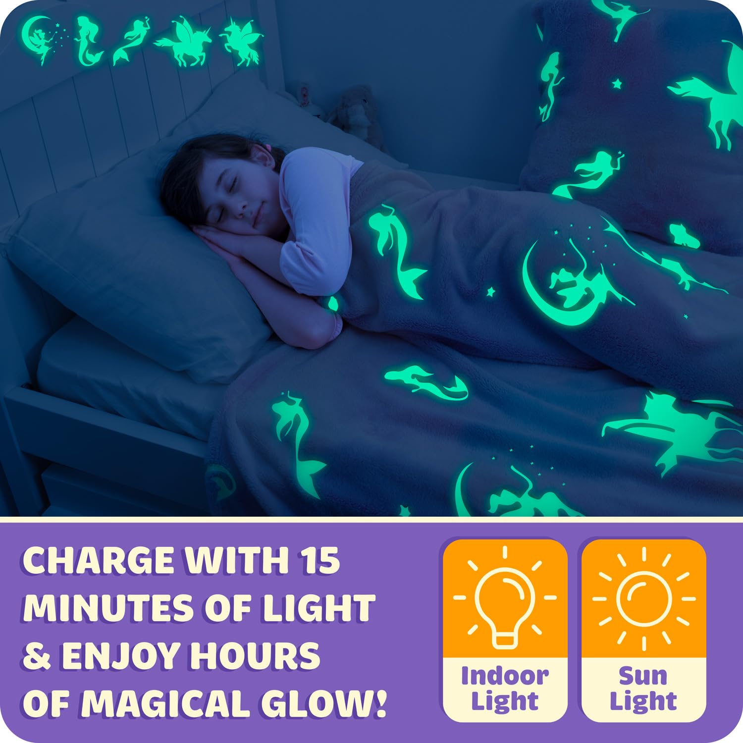 GLOWY DREAMS Glow in The Dark Blanket & Pillow Case Set - 50 x 60 in Kids Blanket & 18 x 18 in Pillowcase, 300GSM Mermaid Unicorn Blanket, Girl Blankets Kids Throw Blanket for Ages 3 to 10