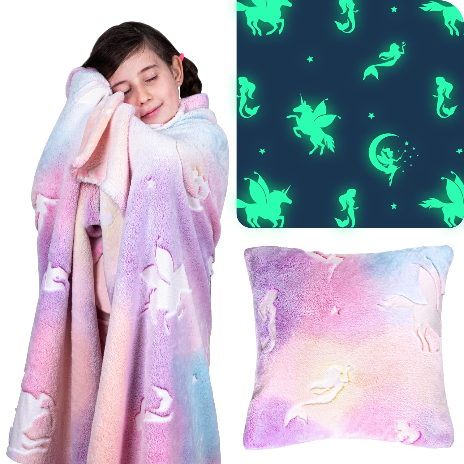 GLOWY DREAMS Glow in The Dark Blanket & Pillow Case Set - 50 x 60 in Kids Blanket & 18 x 18 in Pillowcase, 300GSM Mermaid Unicorn Blanket, Girl Blankets Kids Throw Blanket for Ages 3 to 10