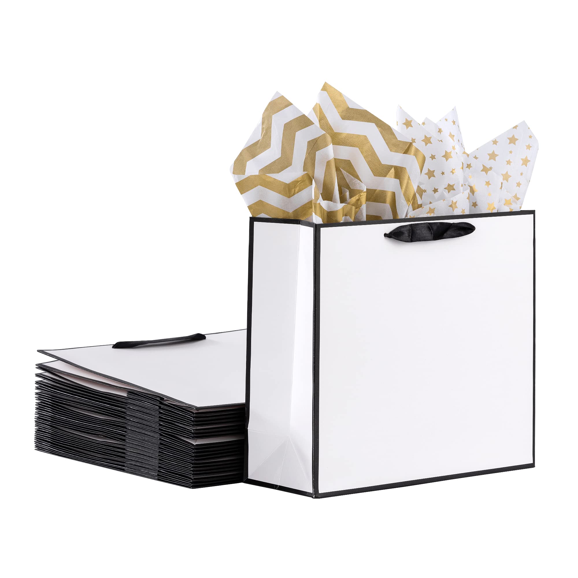 SHIPKEY 12 Pack White Gift Bags with Tissue Paper, 12.5x4.5x11 inches White Paper Bags with Ribbon Handles, Large Gift Bags