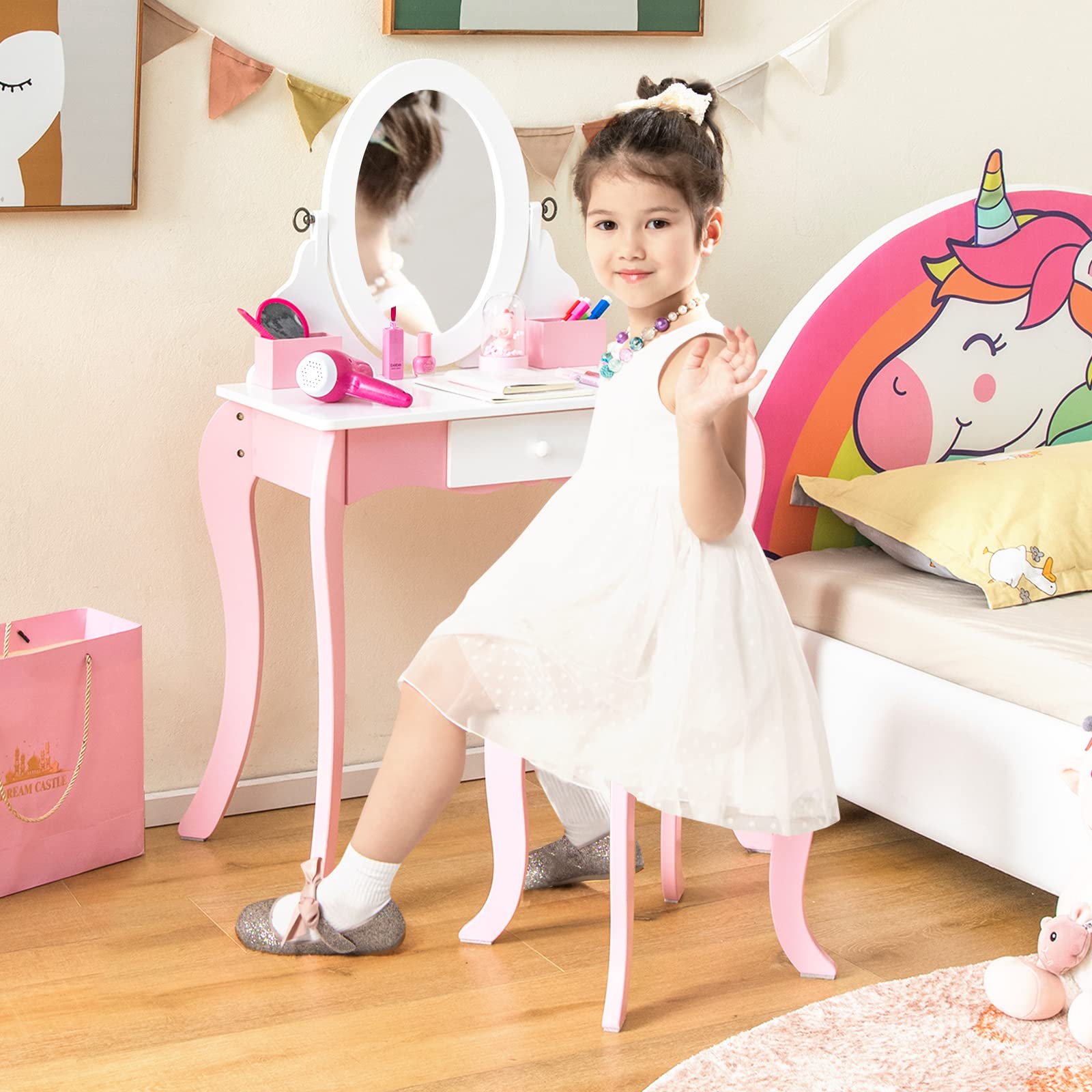 Costzon Kids Vanity Set, 2 in 1 Princess Makeup Dressing Table w/Double-Sided 360° Swivel Mirror, Hairdryer & Accessories, Toddler Vanity with Drawer & Stool, Pretend Play Vanity Set for Little Girls