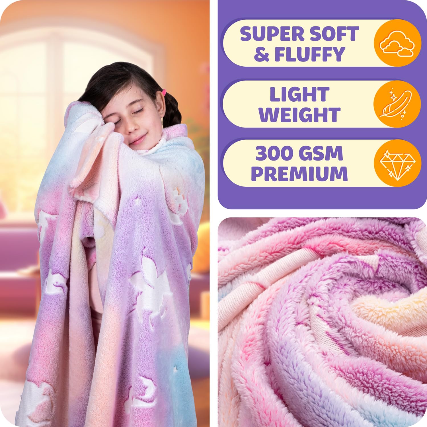 GLOWY DREAMS Glow in The Dark Blanket & Pillow Case Set - 50 x 60 in Kids Blanket & 18 x 18 in Pillowcase, 300GSM Mermaid Unicorn Blanket, Girl Blankets Kids Throw Blanket for Ages 3 to 10