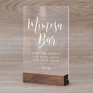 Acrylic Mimosa Bar Sign with Wood Stand- 5” x 7" Glass Look Clear Acrylic Wedding Signage Mimosa Bar with Holder for Wedding Reception & Event Party