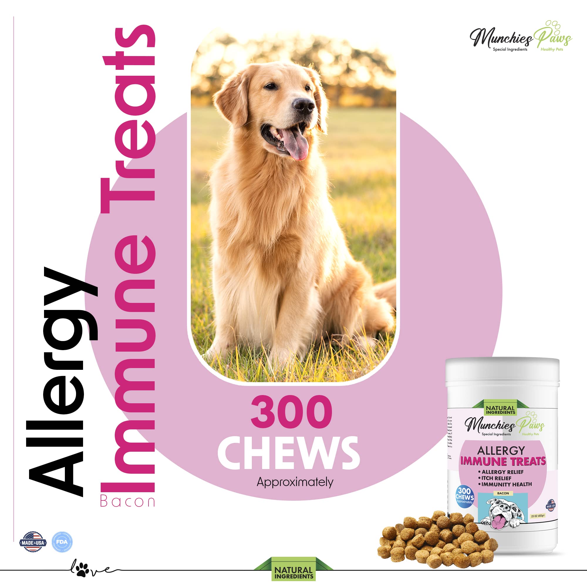 Munchies Paws Dog Treats Omega 3 Made in USA Immune Supplement 300 Count (Bacon)