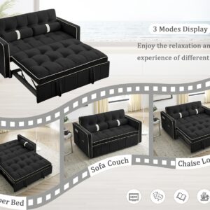 55.5" Convertible Sleeper Sofa Bed, 3 in 1 Velvet Loveseat Sofa Couch with Adjustable Backrest, Modern Pull Out Couch with Round Pillows and Pockets for Living Room (Black)