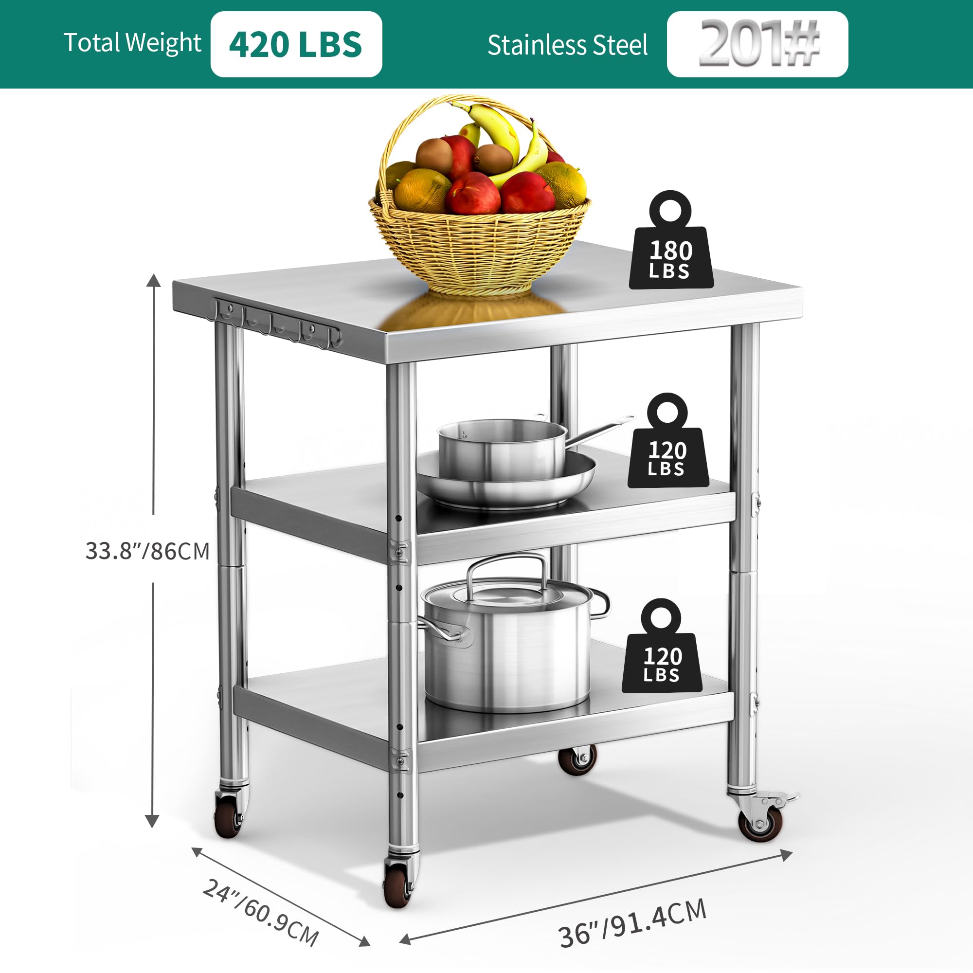 YITAHOME NSF Stainless Steel Table, 30" X 24" Work Table with Wheels, 3 Shelves Metal Table Prep Table for Home Kitchen Restaurant Garage Warehouse Outdoor