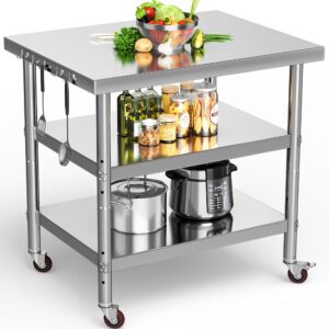 yitahome nsf stainless steel table, 30" x 24" work table with wheels, 3 shelves metal table prep table for home kitchen restaurant garage warehouse outdoor