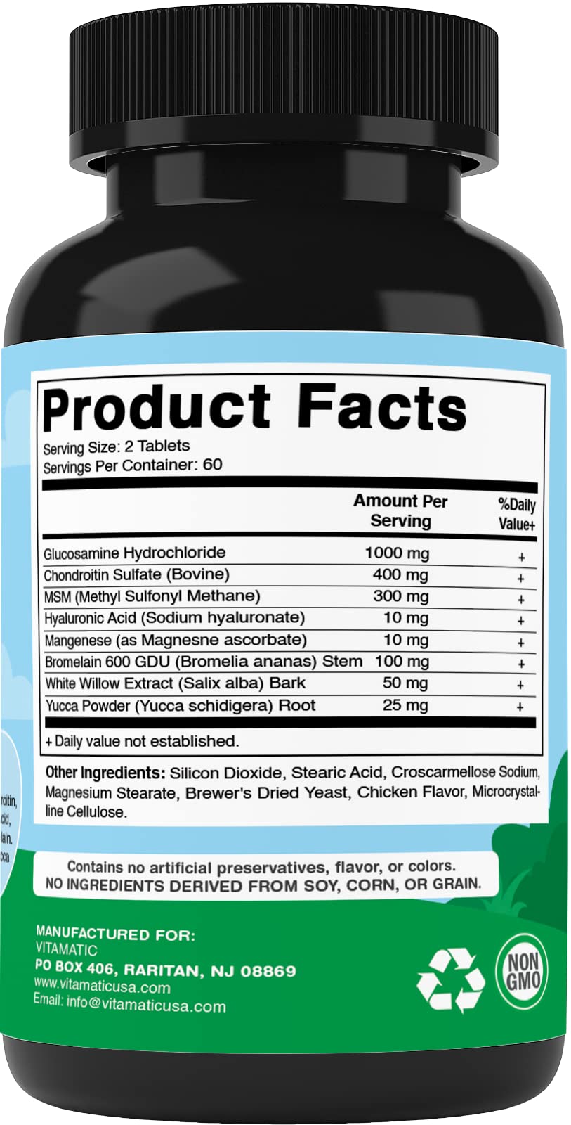 Vitamatic Maximum Strength Joint & Hip Health Supplement for Dogs - 120 Chicken Flavored Tablets - Made with: Glucosamine, Chondroitin, MSM, Hyaluronic Acid, Manganese, Bromelain. White Willow & Yucca