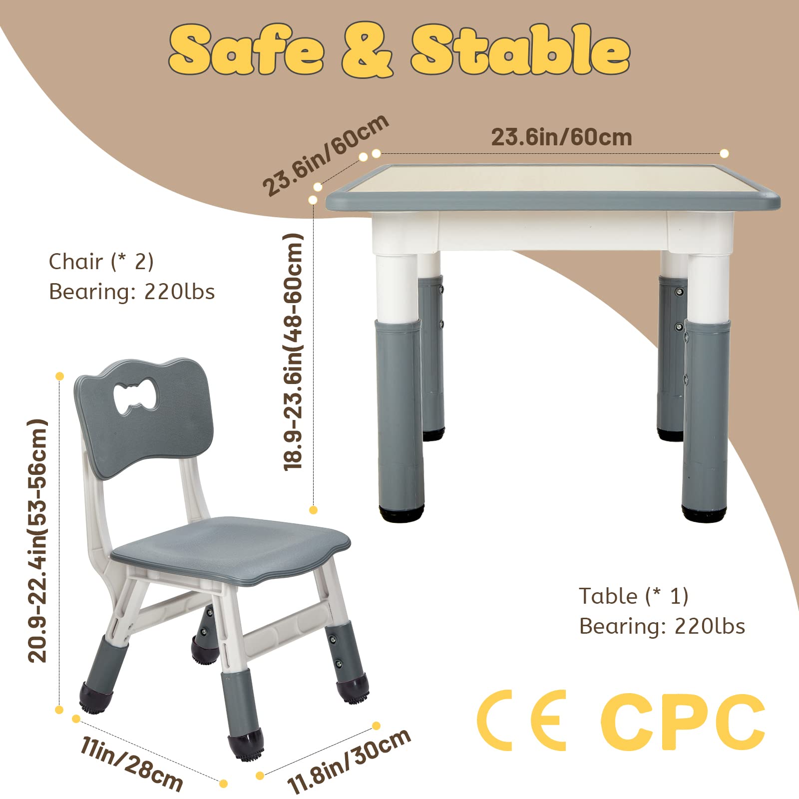 FUNLIO Kids Table and 2 Chairs Set, Height Adjustable Toddler Table and Chair Set for Ages 3-8, Easy to Wipe Arts & Crafts Table, for Classrooms/Daycares/Homes, CPC & CE Approved (3pcs Set) - Gray