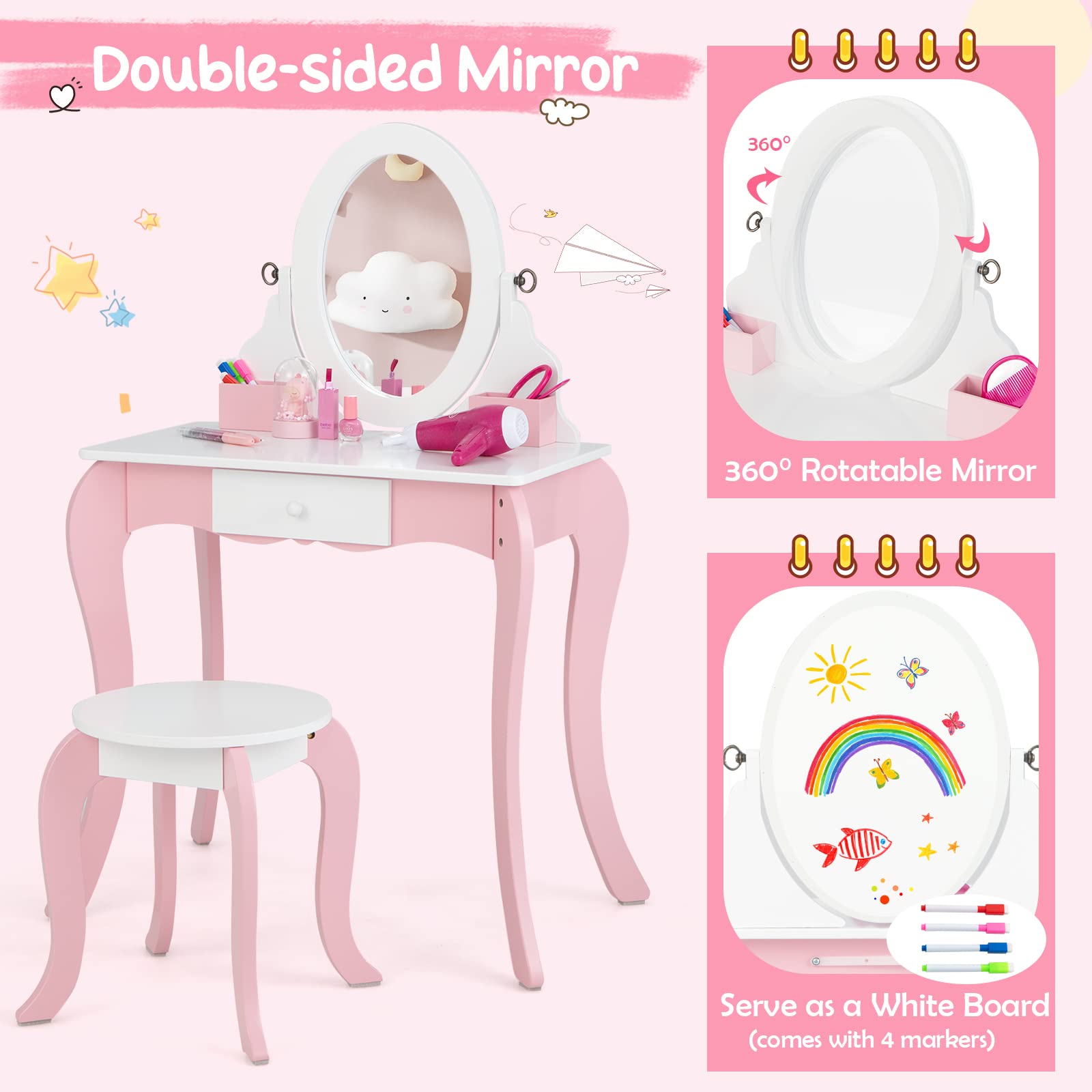 Costzon Kids Vanity Set, 2 in 1 Princess Makeup Dressing Table w/Double-Sided 360° Swivel Mirror, Hairdryer & Accessories, Toddler Vanity with Drawer & Stool, Pretend Play Vanity Set for Little Girls