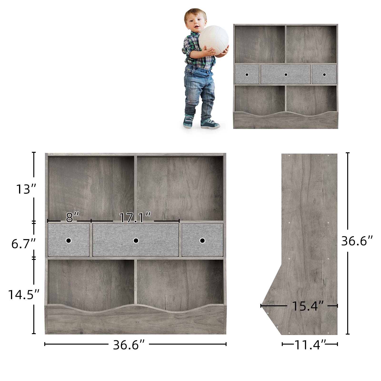 Alkmaar Kids Bookshelf and Bookcase Toy Storage Multi Shelf with Cubby Organizer Cabinet and Drawers for Boys Girls for Children's Room Playroom Hallway Bedroom (Grey)