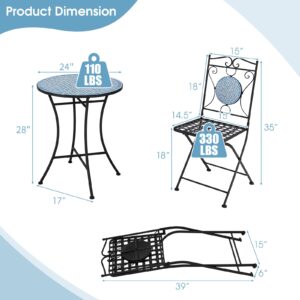 Tangkula 3 Pieces Patio Bistro Set, Outdoor Garden Furniture Set with Mosaic Round Table and 2 Folding Chairs, Outdoor Bistro Set for Porch, Terrace, Balcony