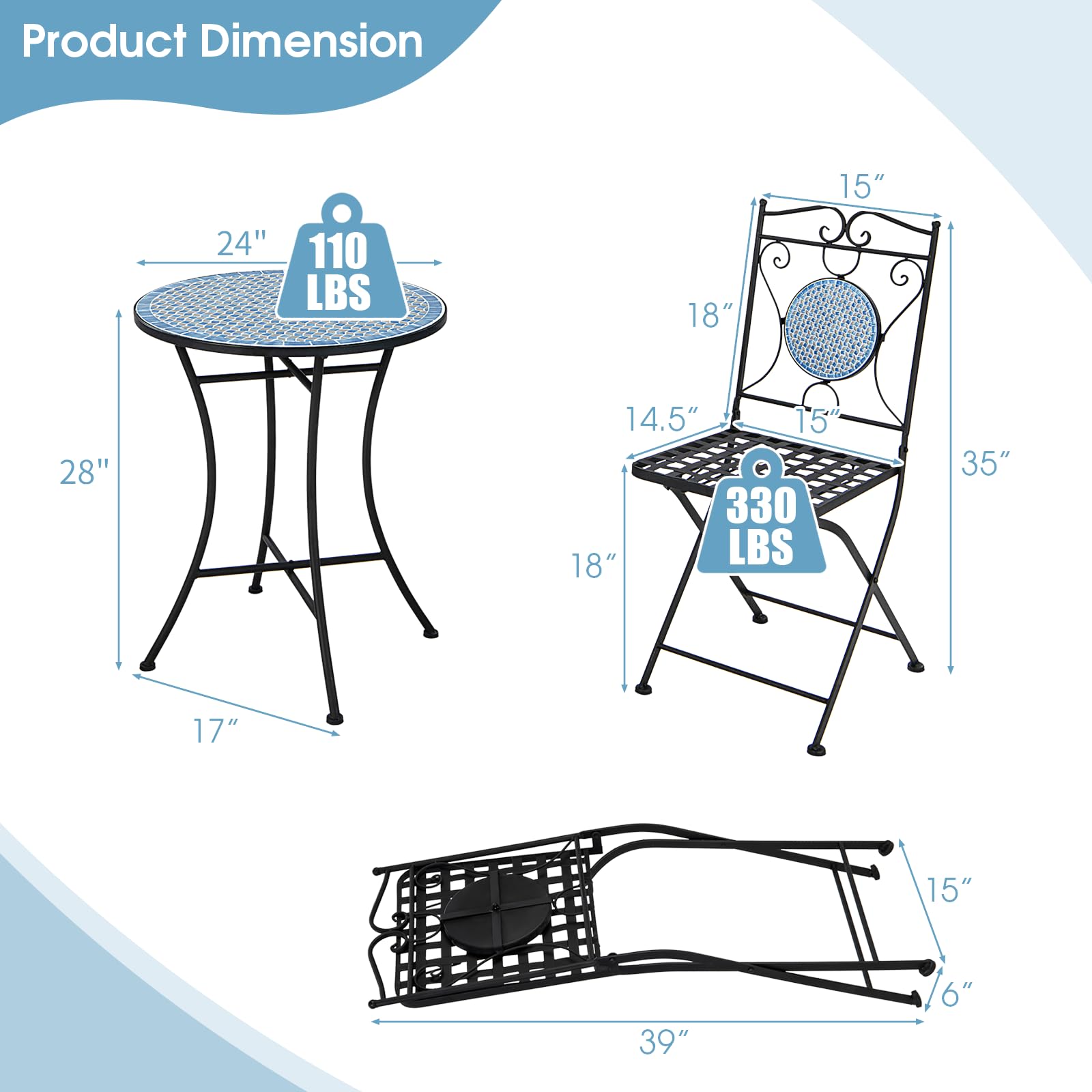 Tangkula 3 Pieces Patio Bistro Set, Outdoor Garden Furniture Set with Mosaic Round Table and 2 Folding Chairs, Outdoor Bistro Set for Porch, Terrace, Balcony