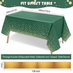 Tudomro Tablecloth and Sequin Table Runner Set 54 x 108 Inch Polka Dots Confetti Table Cover Dining Plastic Table Cloths Glitter Decorations for Birthday Wedding Anniversary Party (Green Gold)