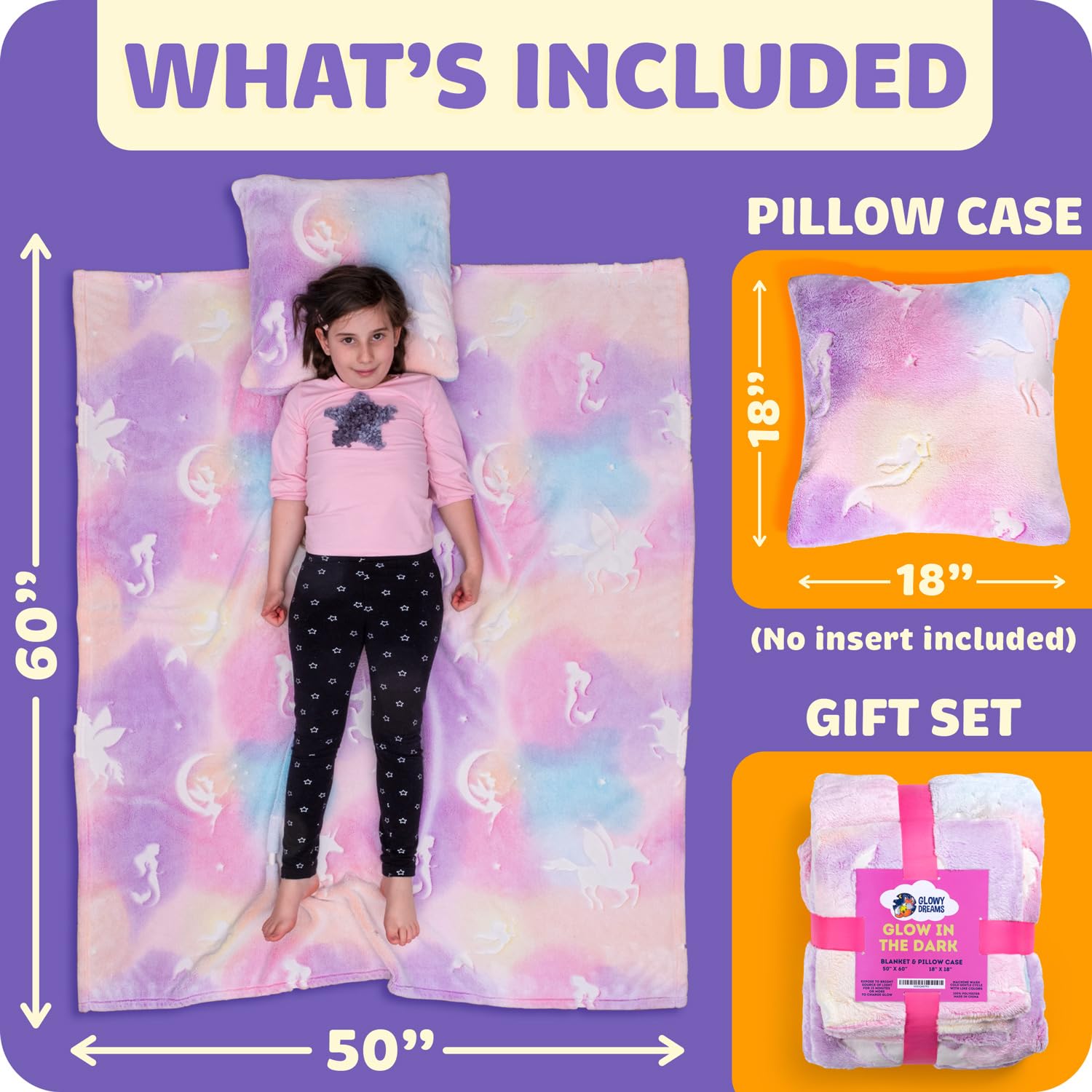 GLOWY DREAMS Glow in The Dark Blanket & Pillow Case Set - 50 x 60 in Kids Blanket & 18 x 18 in Pillowcase, 300GSM Mermaid Unicorn Blanket, Girl Blankets Kids Throw Blanket for Ages 3 to 10