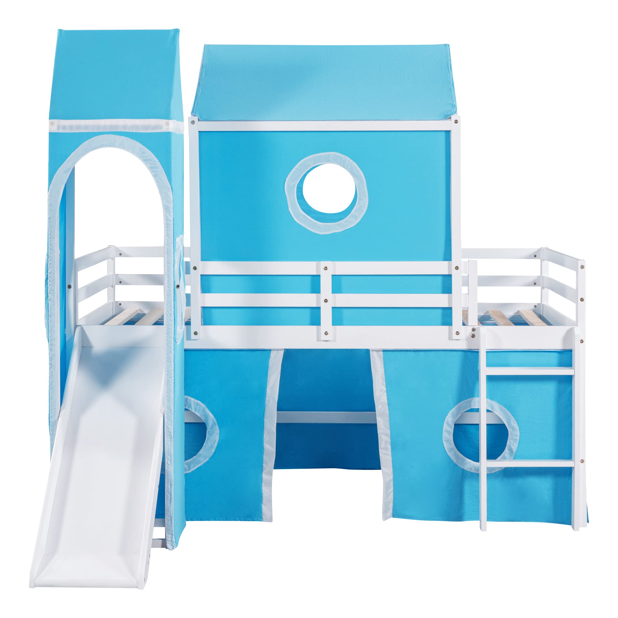 VilroCaz Playhouse Design Twin Size Low Loft Bed with Slide & Tent and Tower, Solid Wood Tent Bed Frame for Kids Boys Girls, Versatile Spacious Under Bed Space with Curtains(Blue-TW)