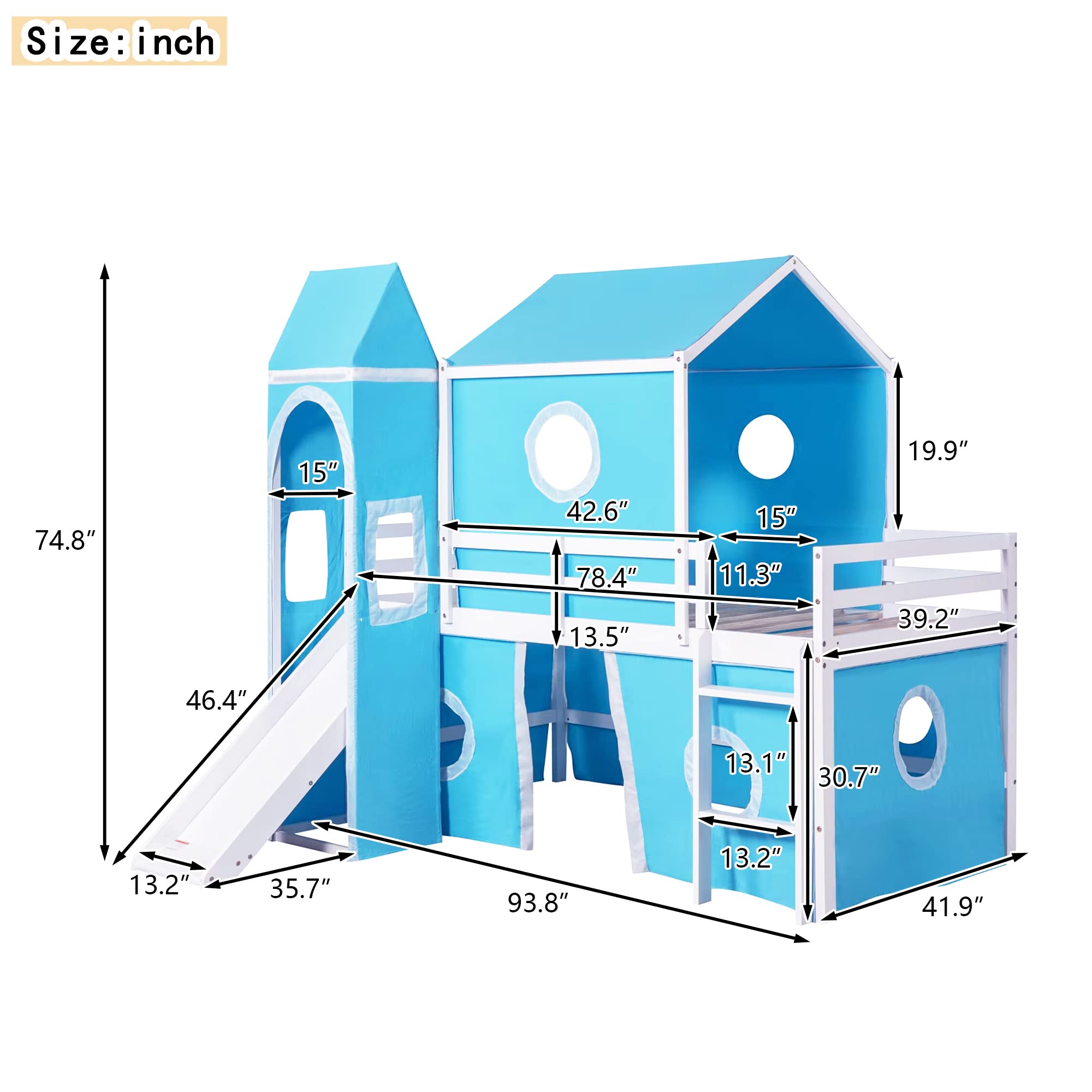 VilroCaz Playhouse Design Twin Size Low Loft Bed with Slide & Tent and Tower, Solid Wood Tent Bed Frame for Kids Boys Girls, Versatile Spacious Under Bed Space with Curtains(Blue-TW)