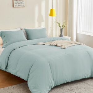 mildly 100% washed cotton queen duvet cover set, linen like textured natural 3 pieces luxury soft teal duvet cover, bedding sets queen size 3pcs with zipper closure (no comforter)