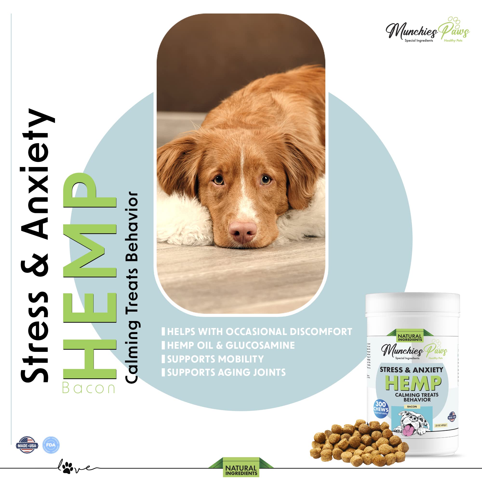 Munchies Paws Dog Treats Stress Relief Made in USA Stress and Anxiety Organic Hemp 300 Count (Peanut Butter)