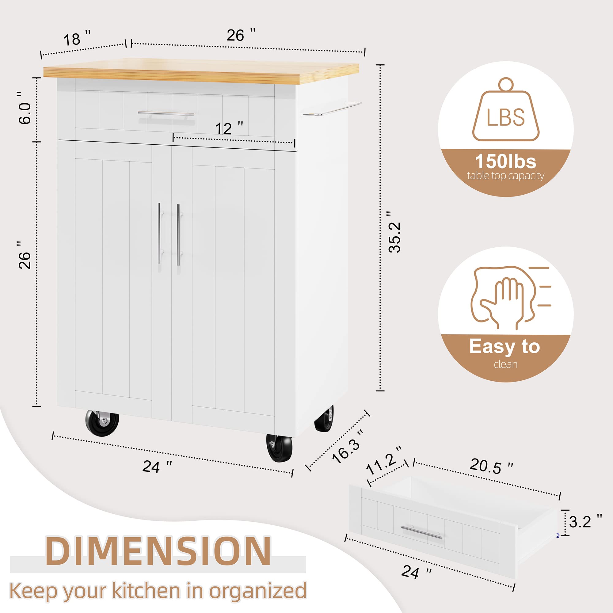 Shintenchi Kitchen Island Cart with Storage,Rolling Side Table on Wheels with Large Worktop, Cabinet,Towel Rack and Drawers for Kitchen,Dinning Room, White