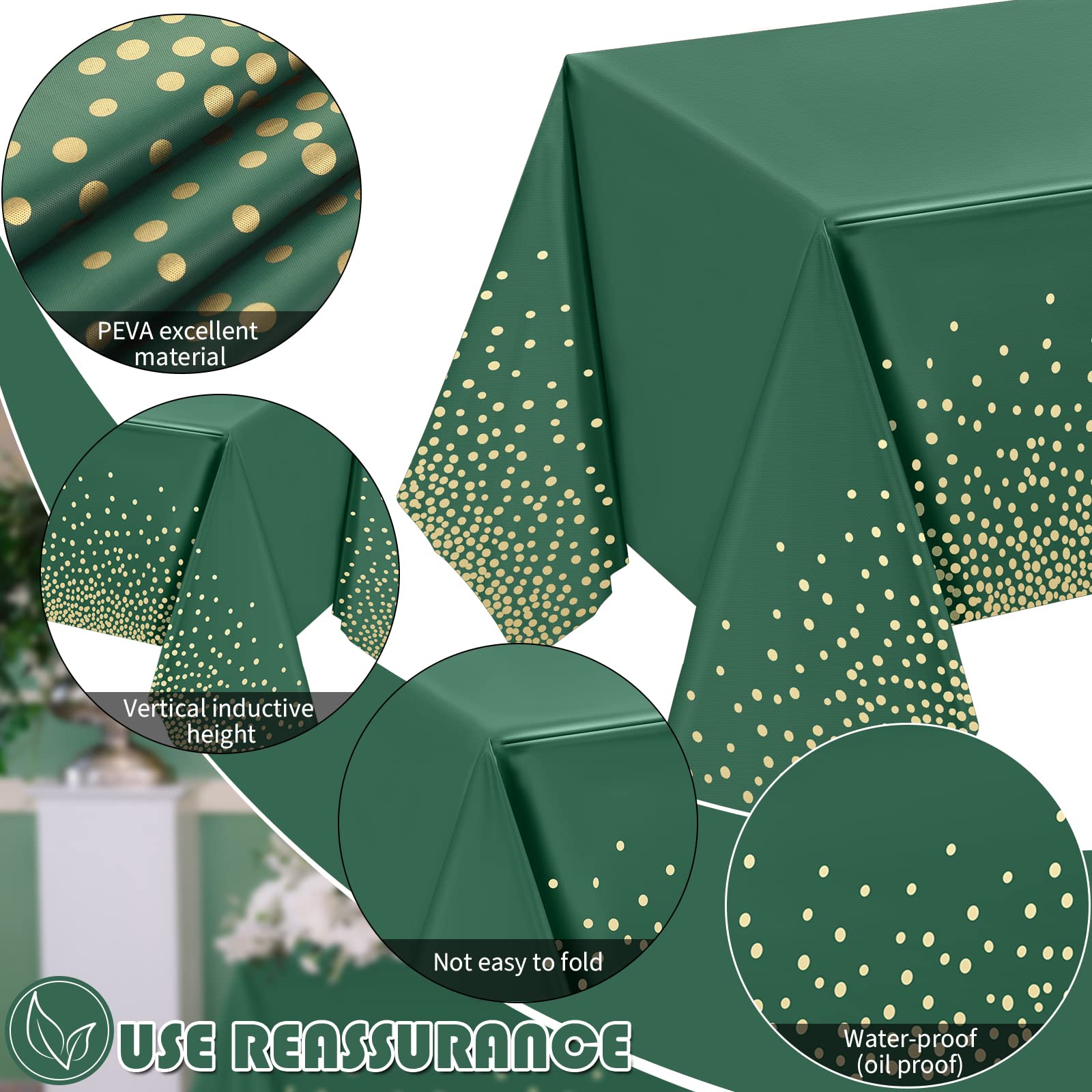 Tudomro Tablecloth and Sequin Table Runner Set 54 x 108 Inch Polka Dots Confetti Table Cover Dining Plastic Table Cloths Glitter Decorations for Birthday Wedding Anniversary Party (Green Gold)