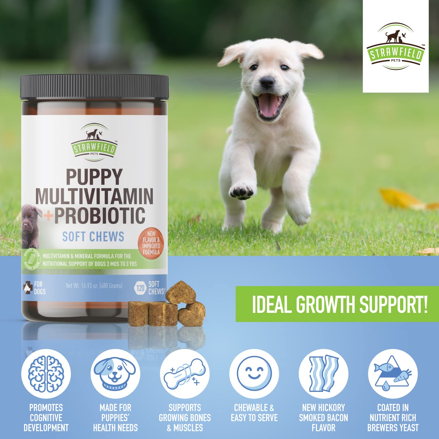 Strawfield Pets' Puppy Multivitamin + Probiotics for Dogs Puppy Vitamins with Joint Support Supplement for Dogs & Puppies Tasty Bacon Flavor 120 Soft Chews