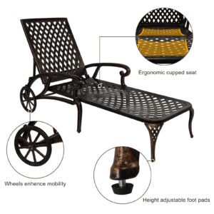 VINGLI Cast Aluminum Outdoor Chaise Lounge Chair and Side Table Set, Patio Chaise Lounge with 3-Position Adjustable Backrest, Tanning Chair Reclining Chair Poolside Lounge Chair (with Round Table)