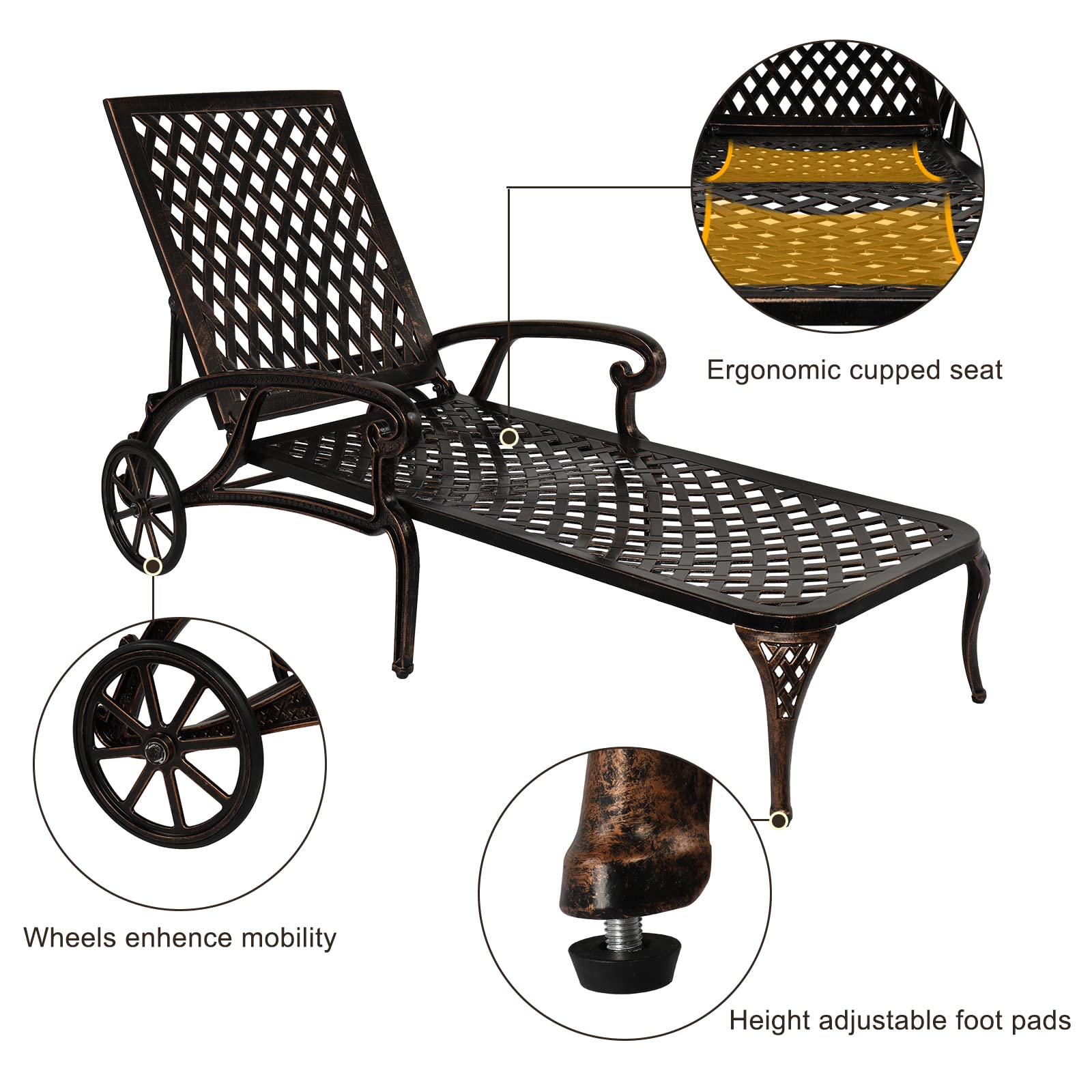 VINGLI Cast Aluminum Outdoor Chaise Lounge Chair and Side Table Set, Patio Chaise Lounge with 3-Position Adjustable Backrest, Tanning Chair Reclining Chair Poolside Lounge Chair (with Round Table)