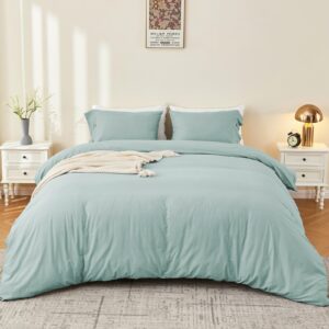 MILDLY 100% Washed Cotton Queen Duvet Cover Set, Linen Like Textured Natural 3 Pieces Luxury Soft Teal Duvet Cover, Bedding Sets Queen Size 3pcs with Zipper Closure (No Comforter)