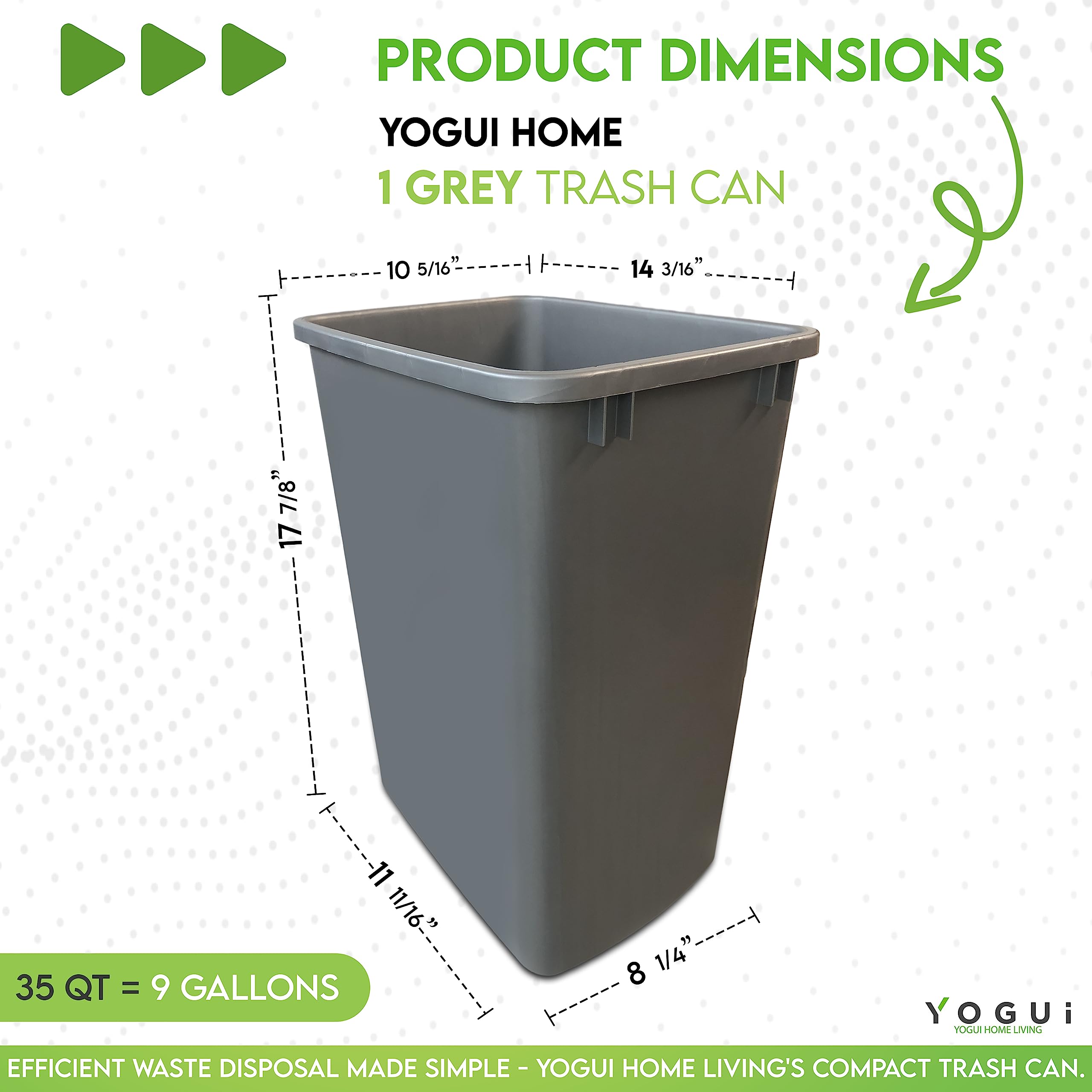 Yogui Home Living Plastic Trash Can - 35-Quart (9-Gallon) - Indoor Garbage Bin for Kitchen, Home, Office and Commercial Use - Large Waste Disposal Tub, Plastic Waste Container- Grey.