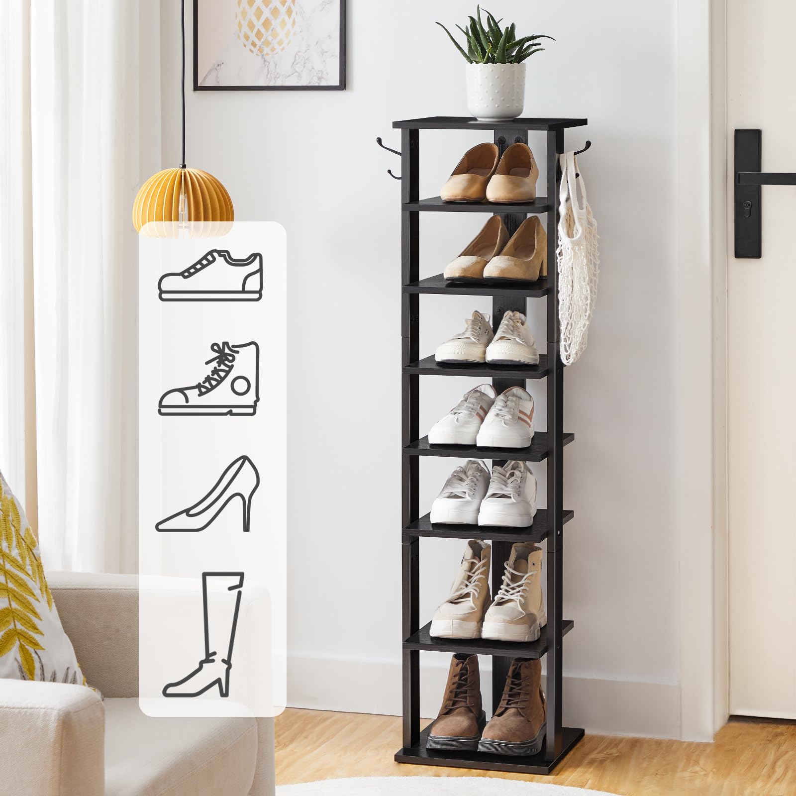 HOOBRO 8 Tiers Vertical Shoe Rack, Wooden Shoe Storage Organizer with Hooks, Narrow Shoe Tower for 8 Pairs, Space Saving, for Entryway, Living Room, Bedroom, Black BK07XJ01