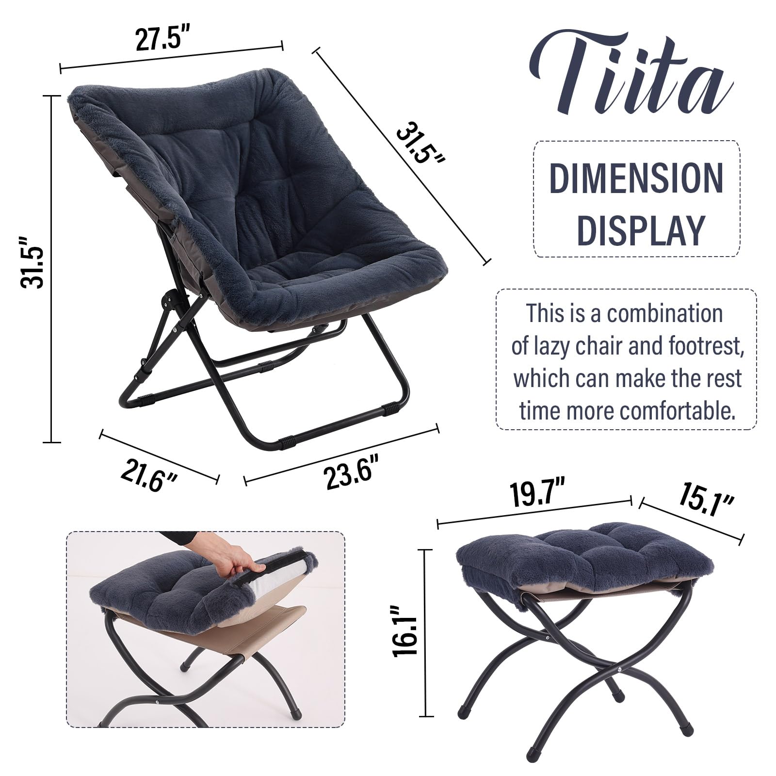 Tiita Saucer Chair with Ottoman, Soft Faux Fur Oversized Folding Accent Chair,Lounge Lazy Chair, Metal Frame Moon Chair for Bedroom, Living Room, Dorm Rooms, Garden and Courtyard