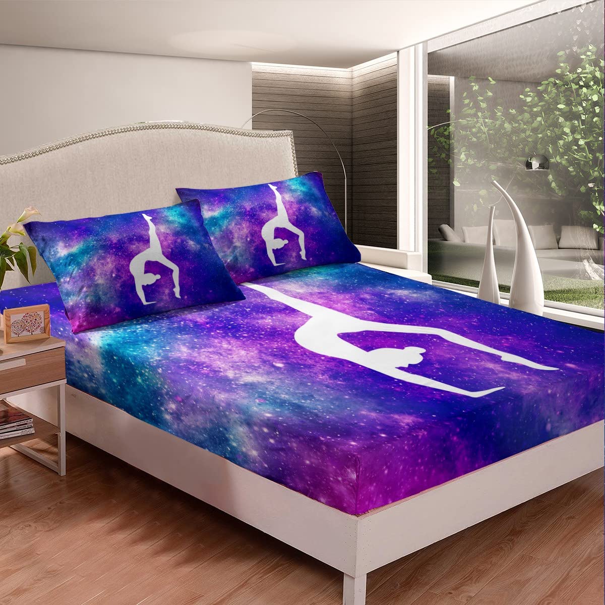 Erosebridal Gymnastic Bed Sheet for Girls Women Gift, Gymnastics Lovers Sheet Set Purple Galaxy Bedding Set Full Size, Tie Dye Glitter Blue Purple Fitted Sheet - Deep Pocket 4 Pcs with 2 Pillowcases