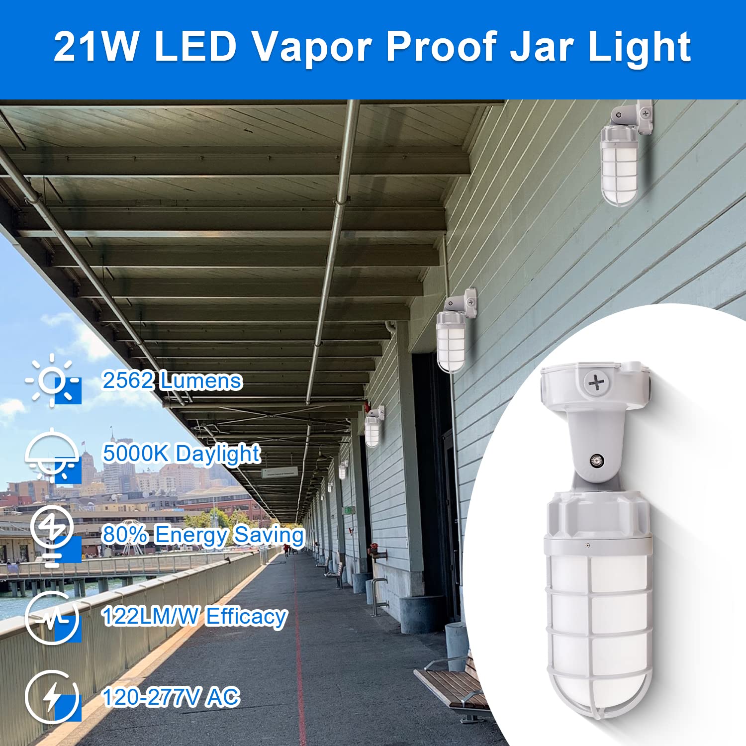 21W LED Vapor Tight Jelly Jar Light, 5000K Industrial Wall/Ceiling Mount Vapor-Proof LED Light, IP65 Wet Rated Indoor and Outdoor Vapor Proof Security Cage Lighting, 120-277VAC UL Certified