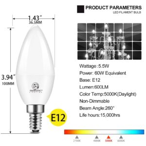 Energetic E12 LED Candelabra Light Bulbs 5.5W (60 Watt Equivalent), Daylight 5000K, 600LM Chandelier Light Bulbs, B11 Candle Bulbs for Ceiling Fan, RA 80 Recessed Can Light, Non-Dimmable, Pack of 6