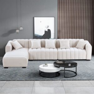 JURMALYN 139" Modern Sectional Sofa for Living Room, Beige L-Shaped Upholstered Couch with Left Chaise, Large Velvet Sofa for Home Office -Beige