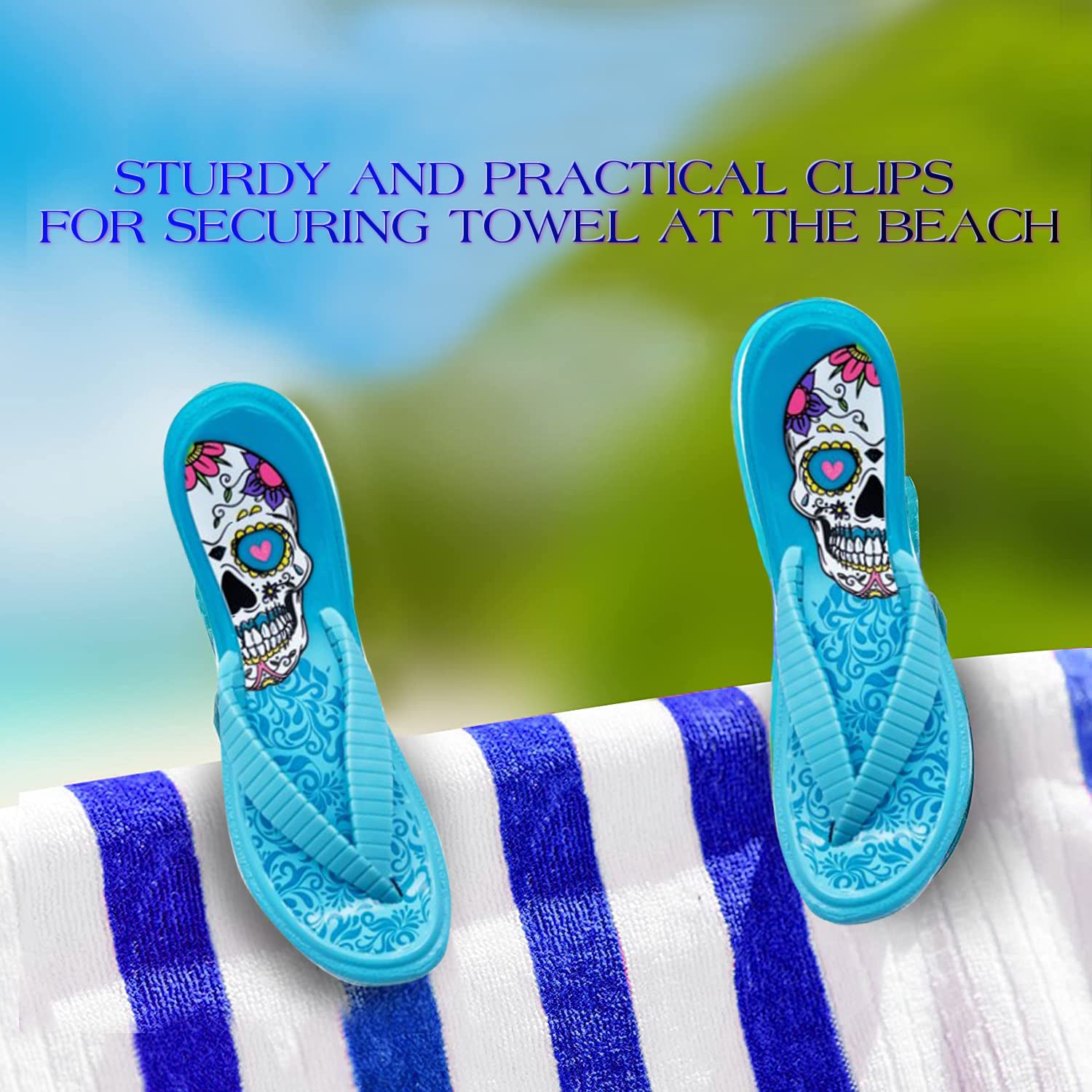 PERFORMORE Flip Flop Beach Towel Clips (Blue), 2-Pack, Portable Towel Holder Clips, Secure Clips for Beach Chairs Deck Patio Pool Boat Cruise Lounge Chair Accessories