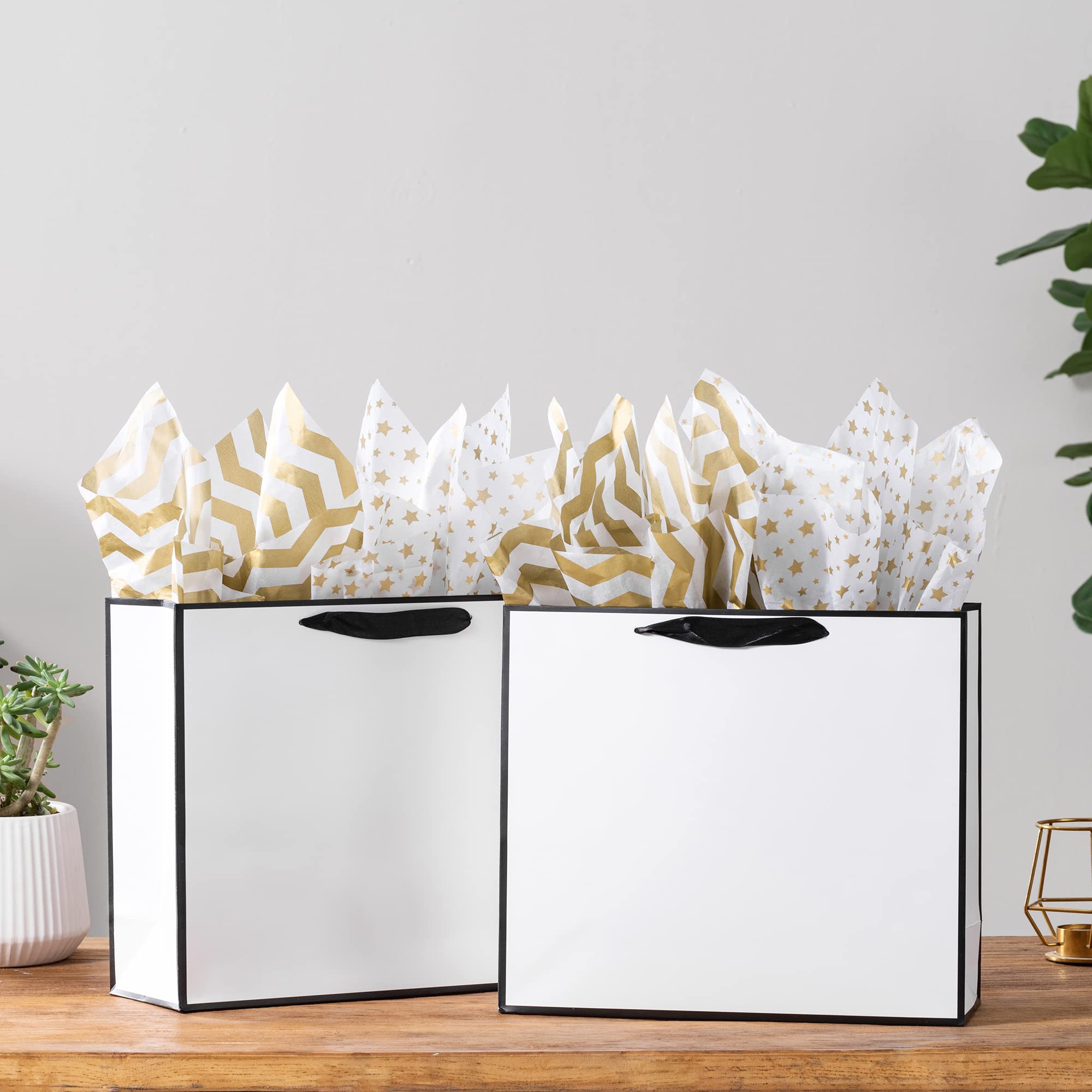 SHIPKEY 12 Pack White Gift Bags with Tissue Paper, 12.5x4.5x11 inches White Paper Bags with Ribbon Handles, Large Gift Bags