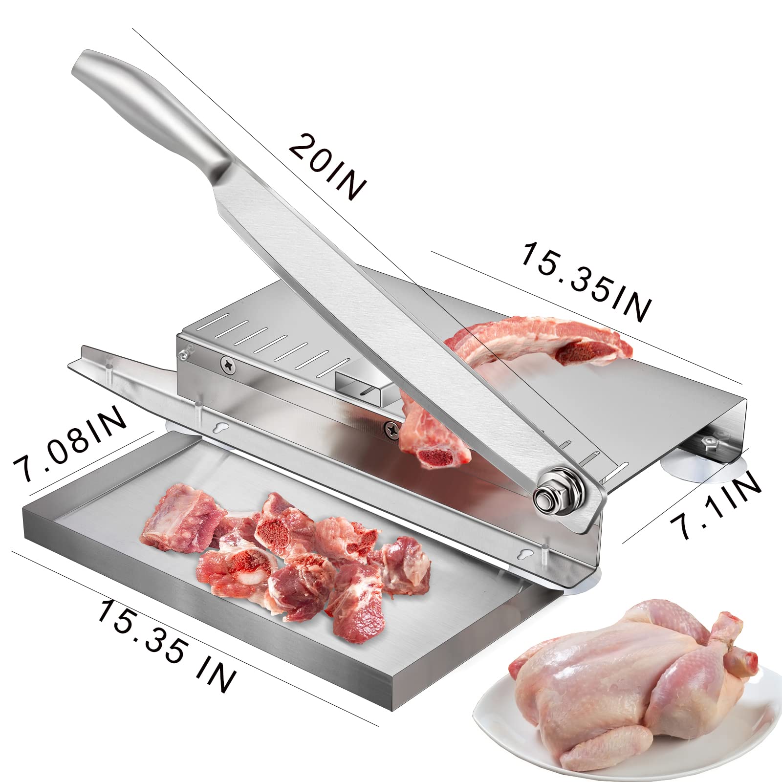 Meat Slicer Bone Cutter 20in，Manual Ribs Chopper for Chicken Fish or Beef，Stainless Steel Frozen Meat Slicer with Food Tray