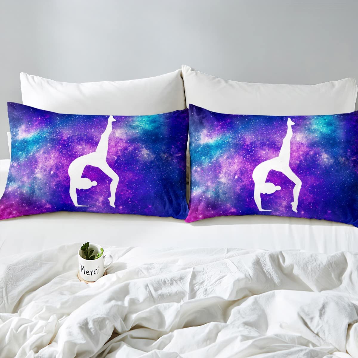 Erosebridal Gymnastic Bed Sheet for Girls Women Gift, Gymnastics Lovers Sheet Set Purple Galaxy Bedding Set Full Size, Tie Dye Glitter Blue Purple Fitted Sheet - Deep Pocket 4 Pcs with 2 Pillowcases