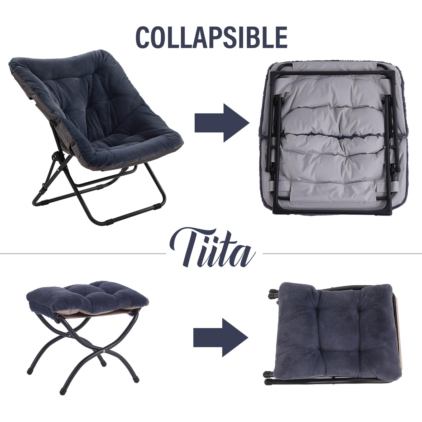 Tiita Saucer Chair with Ottoman, Soft Faux Fur Oversized Folding Accent Chair,Lounge Lazy Chair, Metal Frame Moon Chair for Bedroom, Living Room, Dorm Rooms, Garden and Courtyard