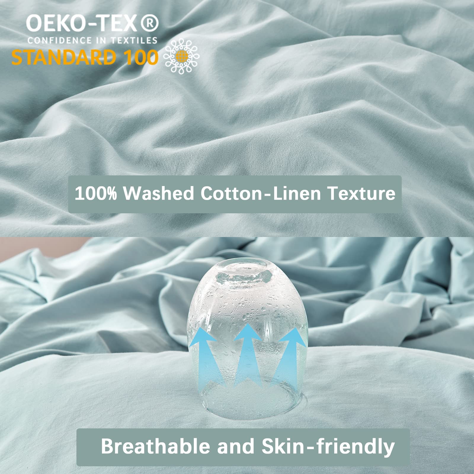 MILDLY 100% Washed Cotton Queen Duvet Cover Set, Linen Like Textured Natural 3 Pieces Luxury Soft Teal Duvet Cover, Bedding Sets Queen Size 3pcs with Zipper Closure (No Comforter)