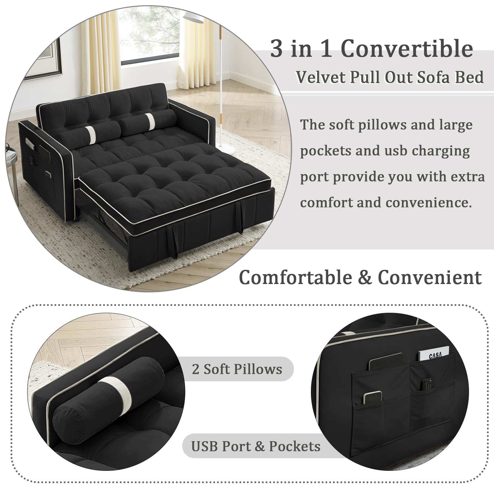 55.5" Convertible Sleeper Sofa Bed, 3 in 1 Velvet Loveseat Sofa Couch with Adjustable Backrest, Modern Pull Out Couch with Round Pillows and Pockets for Living Room (Black)