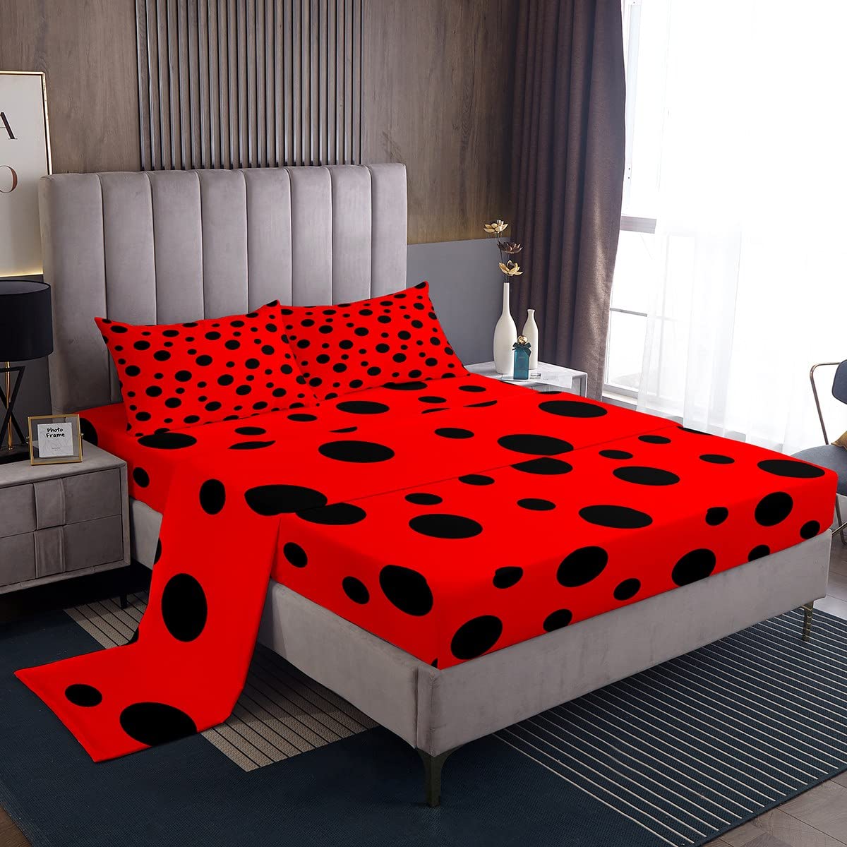 Castle Fairy Ladybug Sheet Set,Kids Red and Black Bed Sheets Set,Polka Dot Pattern Bedding Set for Boys Teens Sheets Soft Room Decor Twin Size(1 Flat Sheet+1 Fitted Sheet+1 Pillowcase)