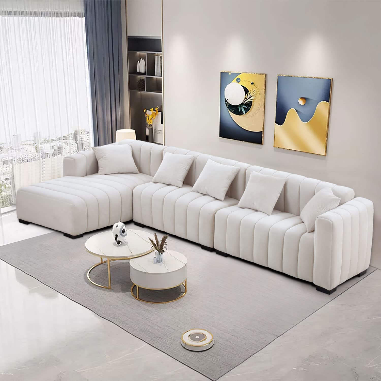 JURMALYN 139" Modern Sectional Sofa for Living Room, Beige L-Shaped Upholstered Couch with Left Chaise, Large Velvet Sofa for Home Office -Beige