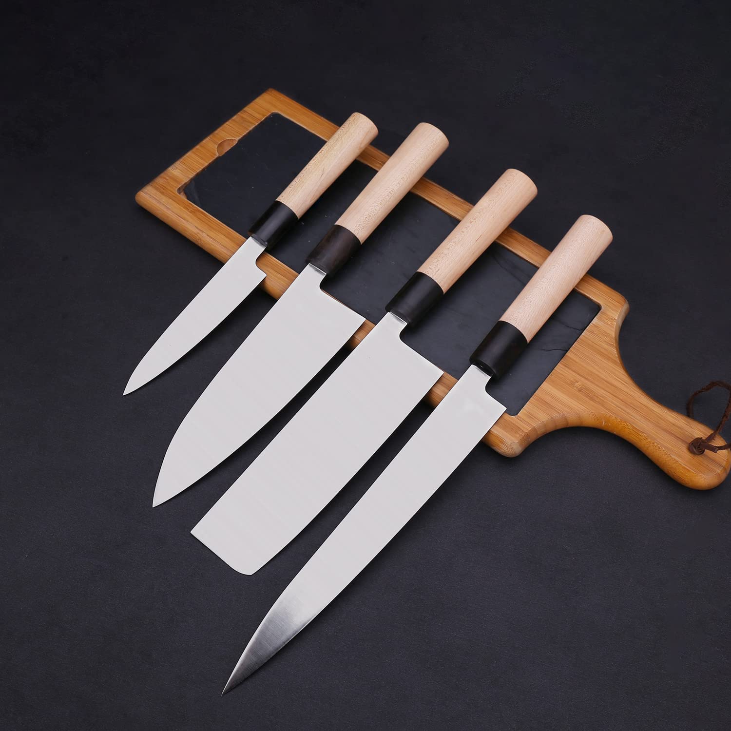 WILDMOK Knife Set of 4 GYUTO Sushi Chef Knives-Yanagiba-Deba-Nakiri-Utility Kitchen Knife, Fish Slicing Filleting Knife Sets with German Steel Blade & Traditional Wooden Handle